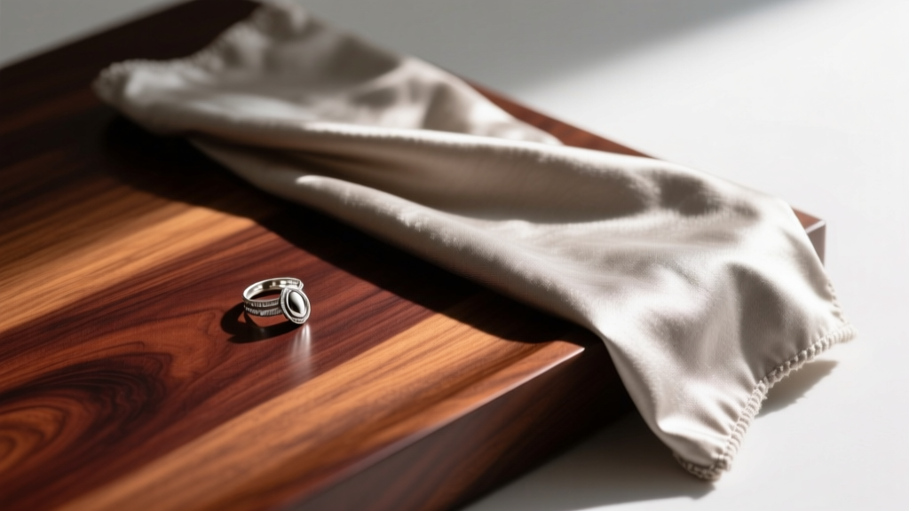Close-up of cherry wood beside anti-tarnish cloth, highlighting safe storage materials for precious silver jewelry collections.