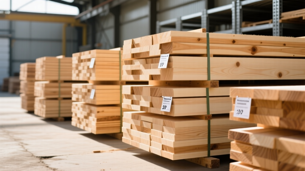 Stacked bundles of kiln-dried Eastern White Pine and Poplar boards in a well-lit lumber yard with price tags visible on the end grain