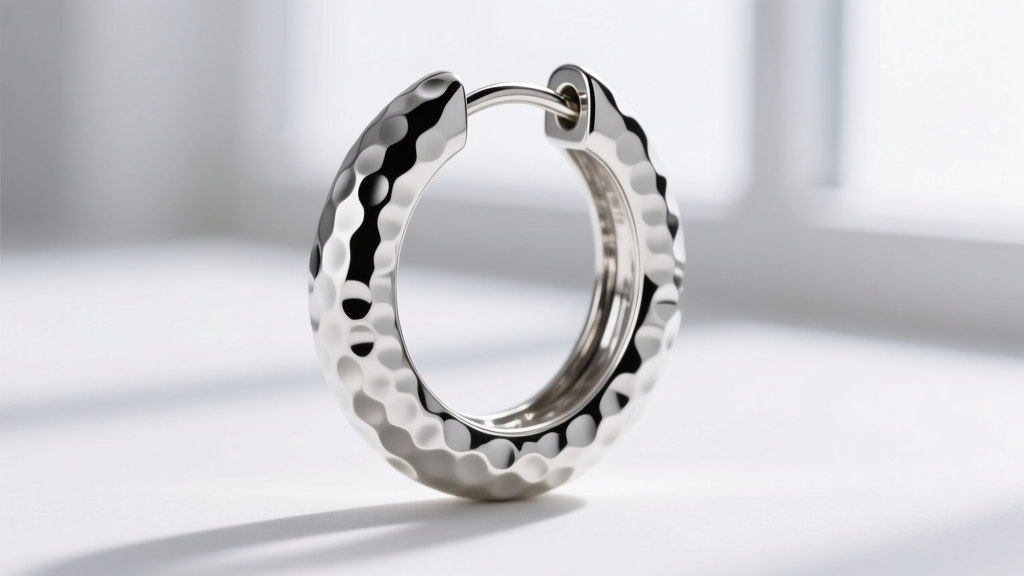 Macro shot of an argentium silver hammered hoop earring showing the dimpled surface texture and a high-polish latch-back closure.
