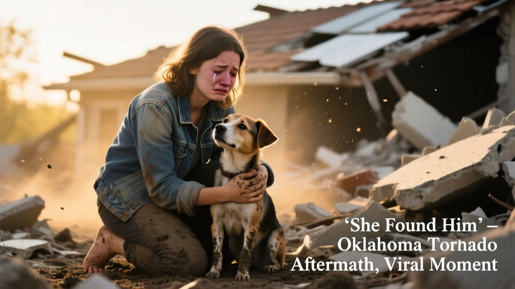 A young woman kneeling in debris, gently holding a muddy but unharmed dog with visible emotion on her face
