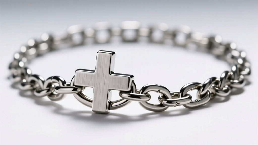 Macro shot of a 316L surgical steel cross choker clasp and chain links, showing brushed metal texture and secure lobster claw.