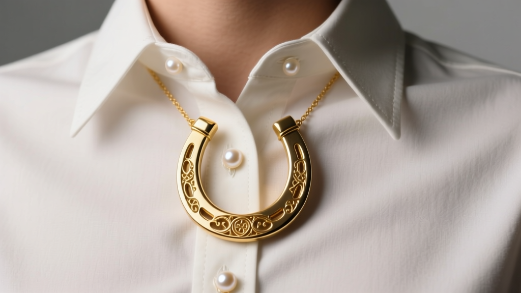 Gold horseshoe necklace resting on a pearl-snap western shirt, studio lighting, front-facing view of the upper chest area.