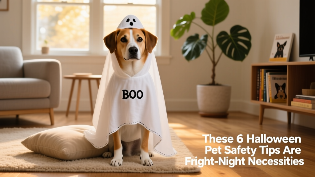 A calm dog wearing a simple, well-fitting ghost costume indoors, looking relaxed and comfortable