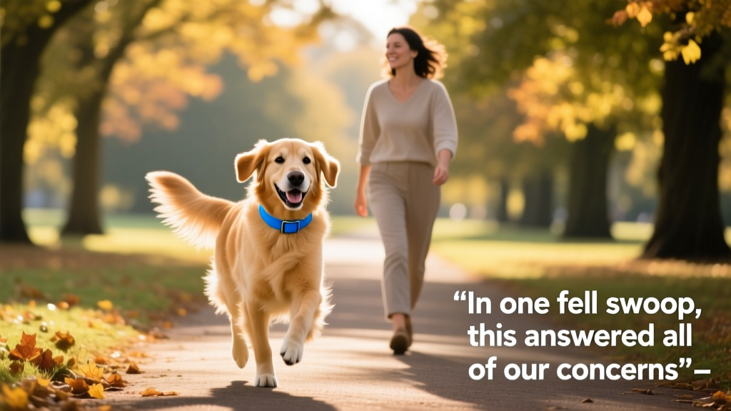 Hero trotting happily down a tree-lined path in Greenwich Park, wearing a bright blue collar, with her sitter walking beside her