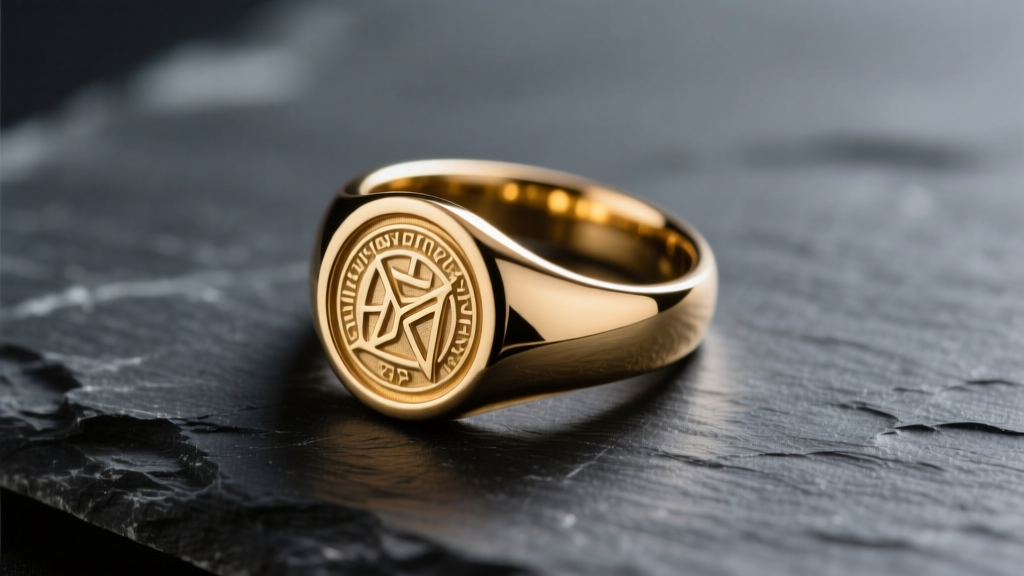 Polished brass signet ring on dark slate, soft lighting highlighting its warm golden luster and smooth unblemished metal surface.