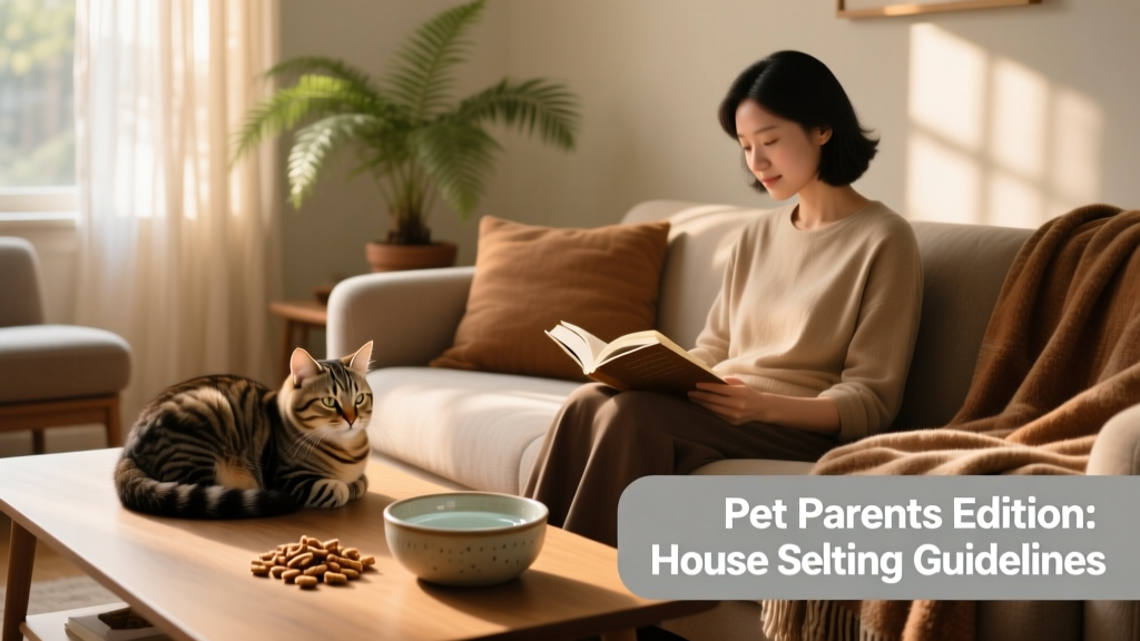 A relaxed cat curled up beside a sitter reading on the couch, with a water bowl and treats nearby