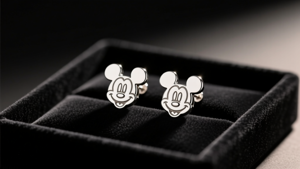 Sterling silver Disney Mickey Mouse silhouette stud earrings resting on a dark velvet display tray under warm studio lighting