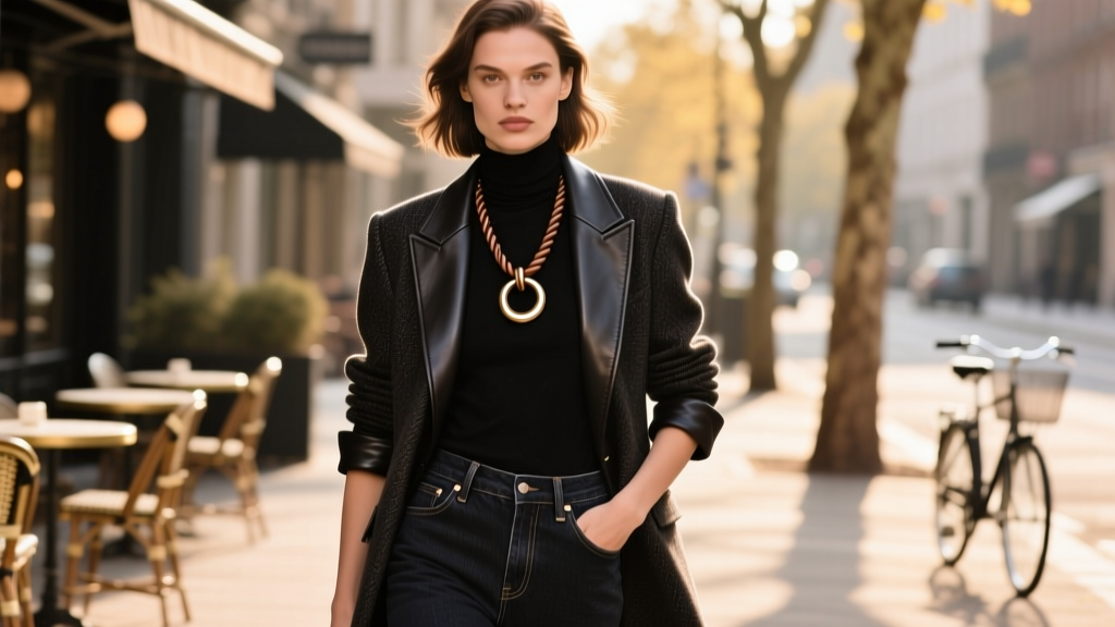 Model wearing a vintage Coach leather cord ring necklace over a dark turtleneck, showing casual street-style layering in daylight.