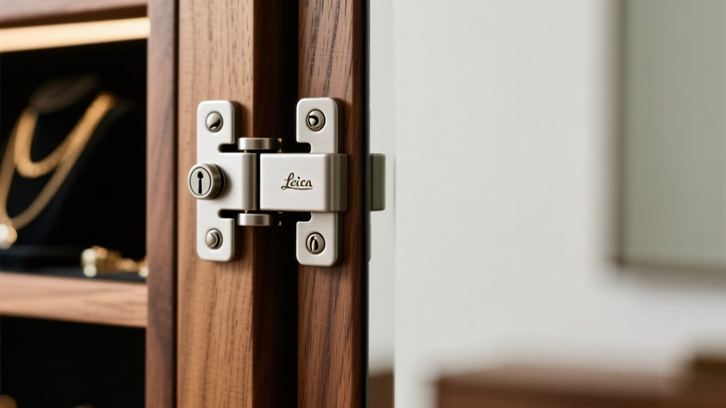 Close-up of a premium mirror jewelry cabinet hinge and magnetic lock, highlighting brushed aluminum hardware and solid wood frame