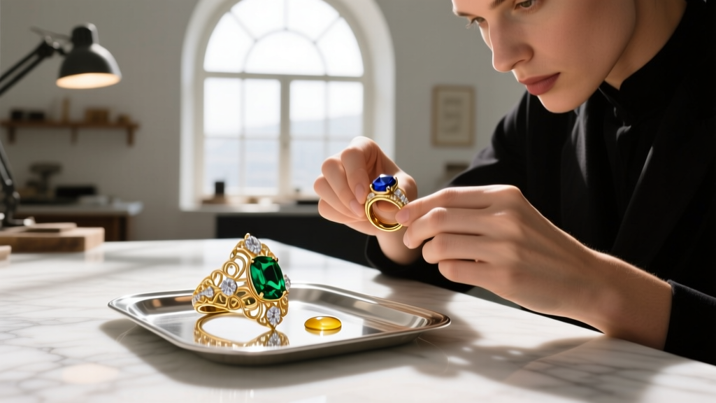 Jeweler's loupe inspecting a faceted emerald pendant for dried oil residue and micro-fissures under bright, focused LED light.
