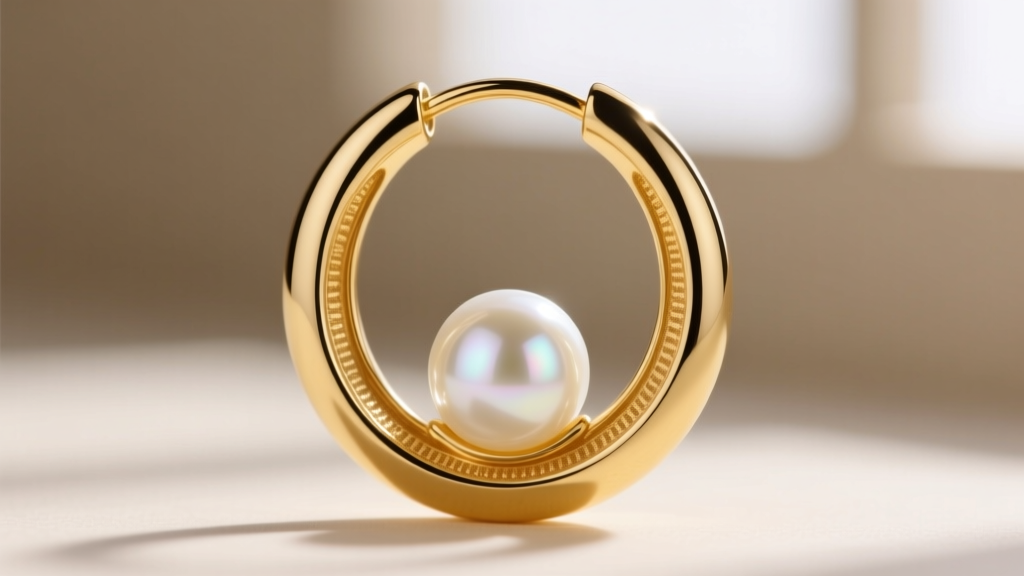 Close-up macro shot of a continuous 18k yellow gold hoop earring featuring a single lustrous white Akoya pearl sliding on the wire.
