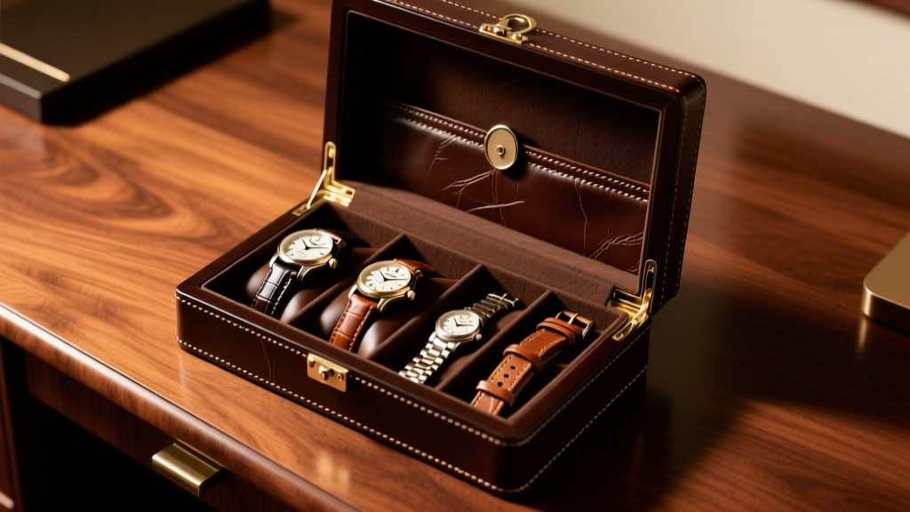 Top-down view of an open dark brown leather watch jewelry box on a mahogany desk, lit by warm directional studio lighting.