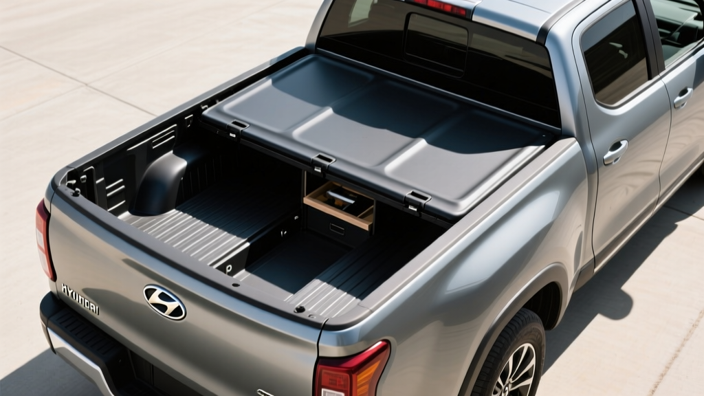 Overhead view of the Hyundai Santa Cruz bed showing the lockable tonneau cover and integrated under-floor storage compartment