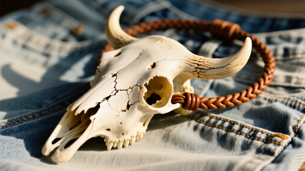 Bleached bone cow skull necklace resting on denim, highlighting natural suture lines and a braided leather cord in warm sunlight.