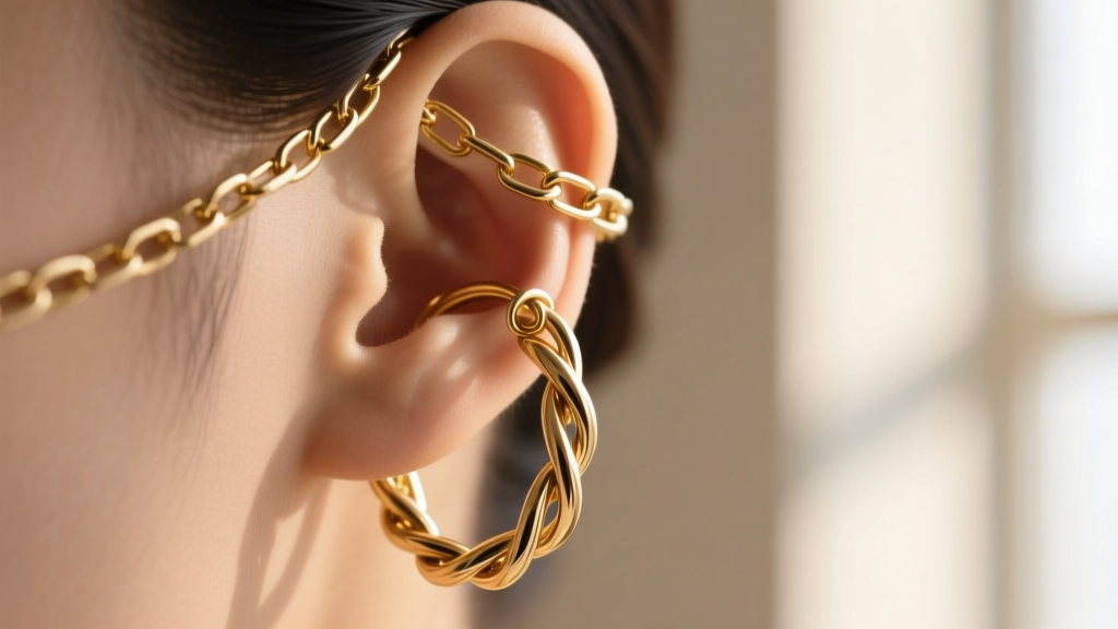 Macro photo of a gold support chain attached to a heavy twisted hoop earring, distributing weight across the upper ear cartilage.