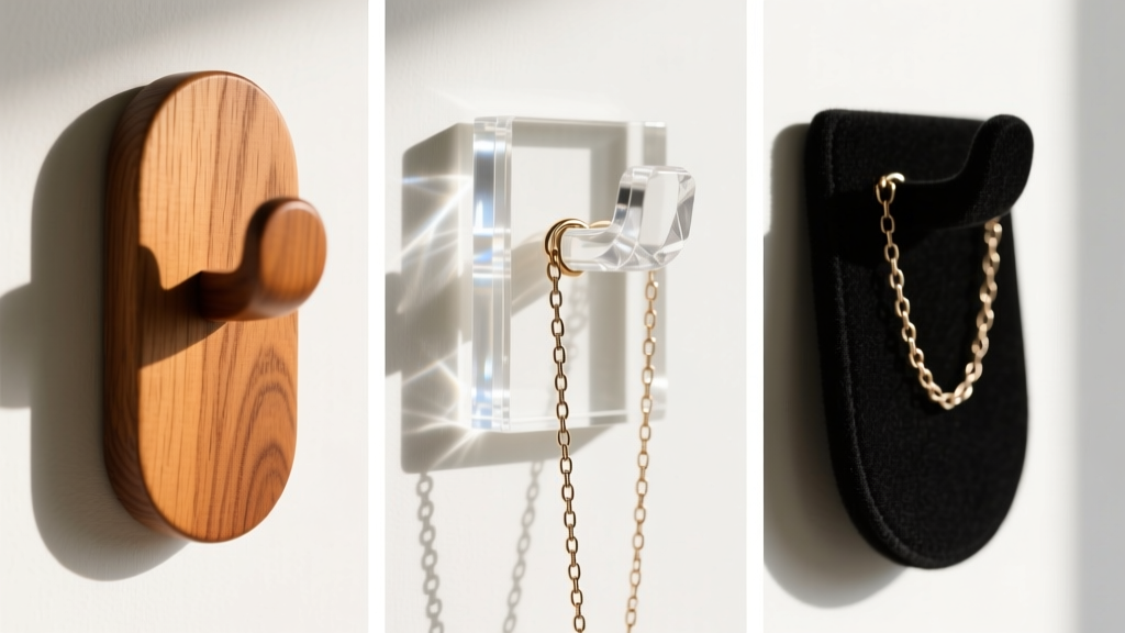 Close-up comparison of sealed oak wood, clear acrylic, and black felt wall necklace organizer hooks holding delicate chains