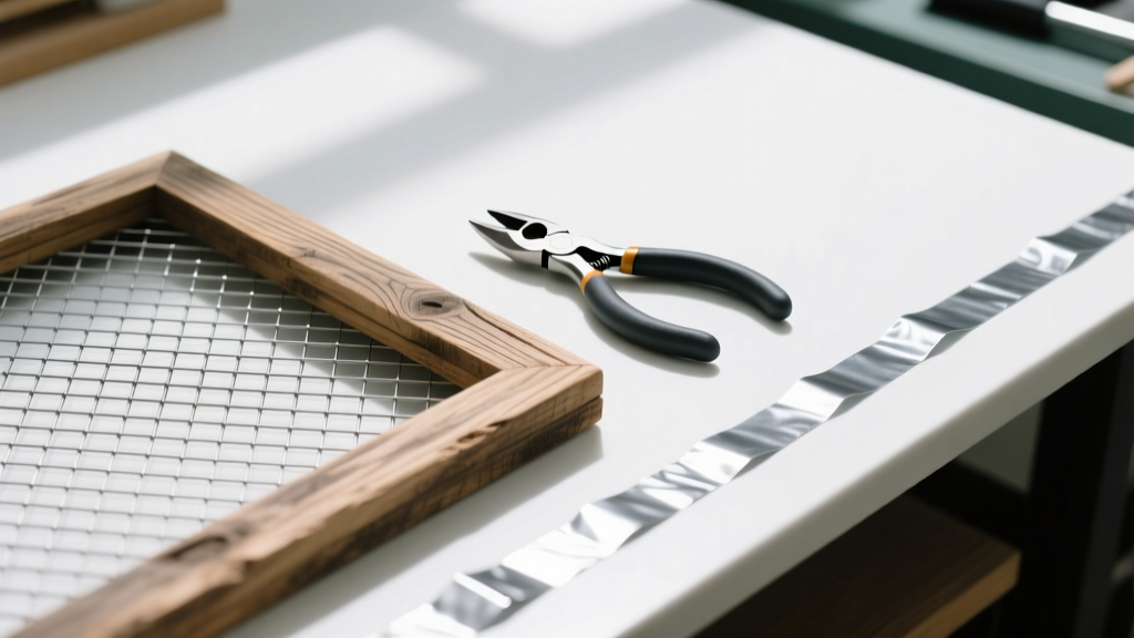 19-gauge steel wire mesh beside a wooden frame, wire cutters, and anti-tarnish strips resting on a bright crafting workbench.