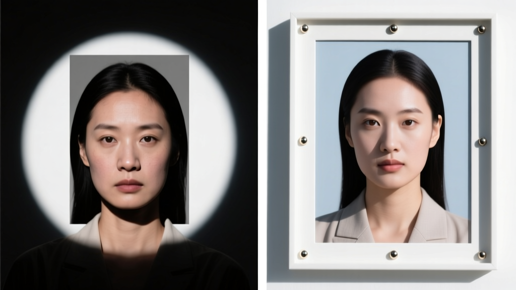 Split-screen of a rejected passport photo with shadow-casting hoops on left, and an approved photo with tiny matte studs on right