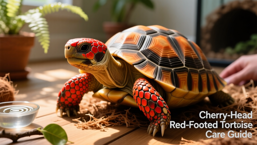 Close-up of a cherry-head red-footed tortoise showing distinctive red-orange scales on its head and forelimbs