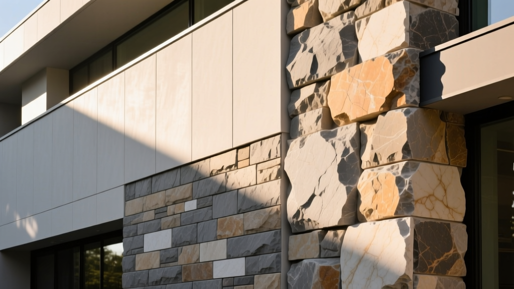 Split-view exterior wall showing manufactured outside stone veneer on the left and thick cut natural limestone on the right under sunlight