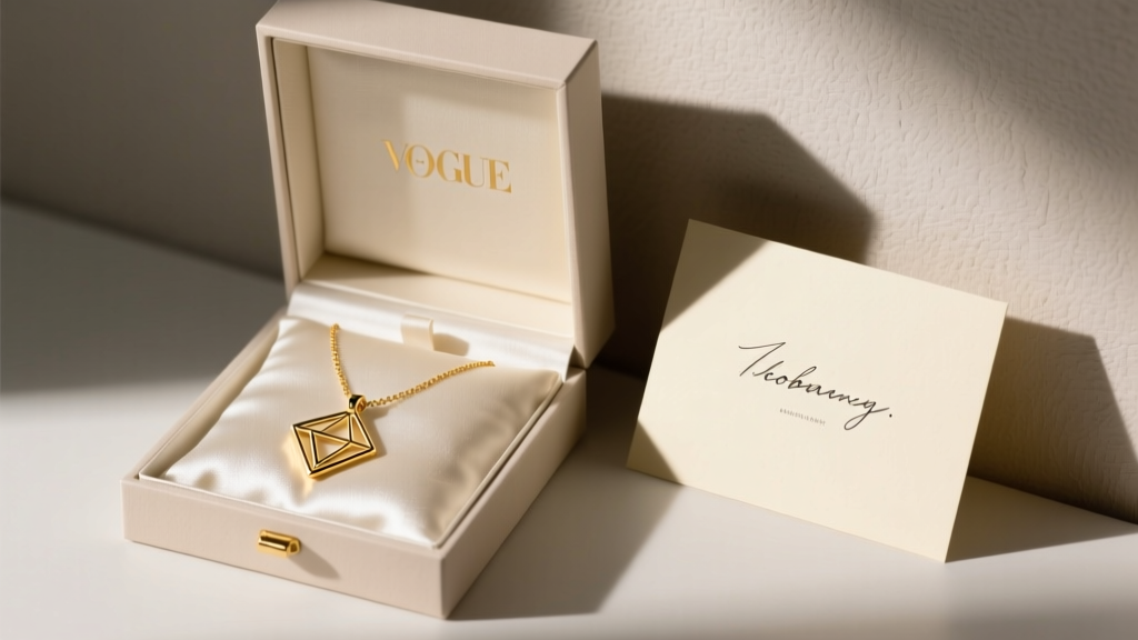 An opened luxury gift box revealing a minimalist 14k gold wire pendant necklace, resting beside a handwritten greeting card.