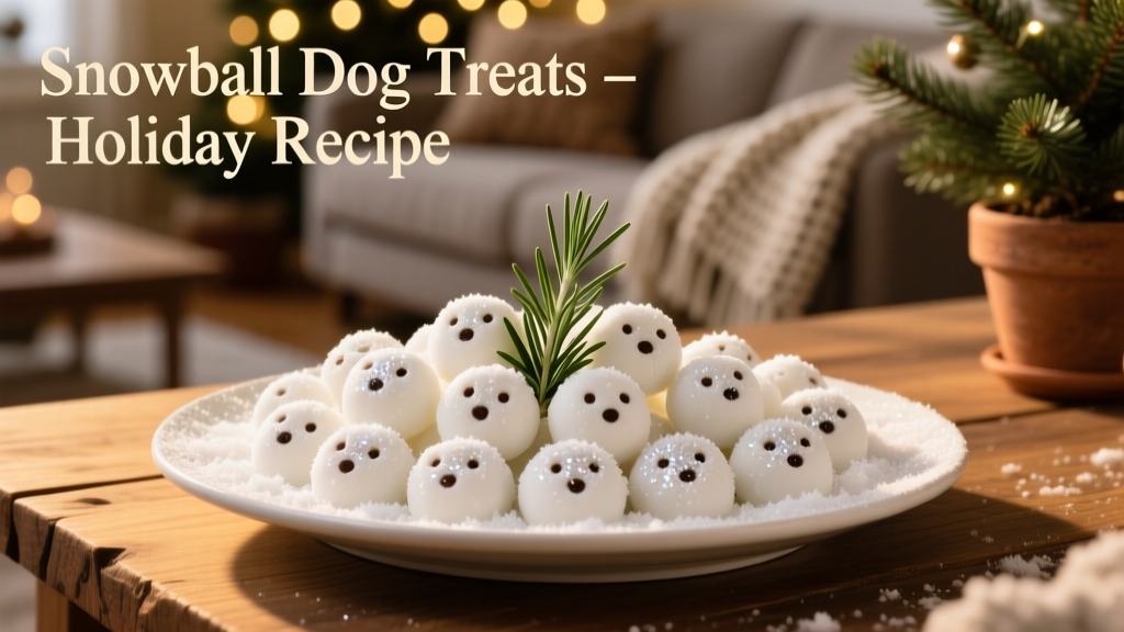 A festive holiday-themed serving dish filled with snowy white dog treats, garnished with a sprig of rosemary