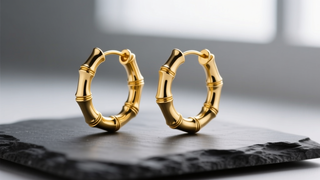 Macro shot of 14k yellow gold bamboo hoop earrings with ribbed segments on slate, soft lighting highlighting the metallic texture.