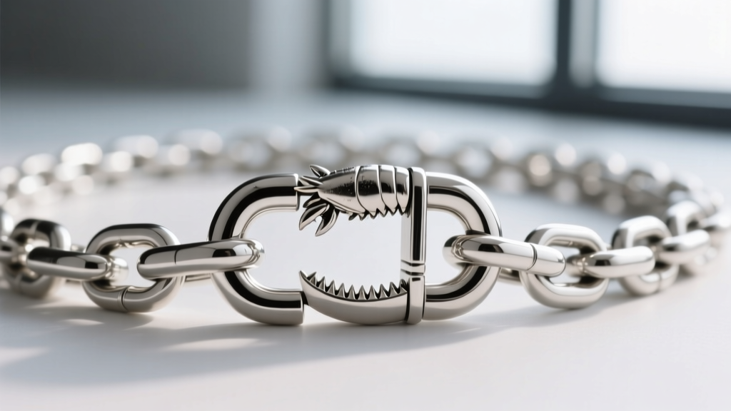 Macro shot of a heavy-duty 10mm sterling silver lobster clasp attached to a thick chain link on a substantial silver bib necklace