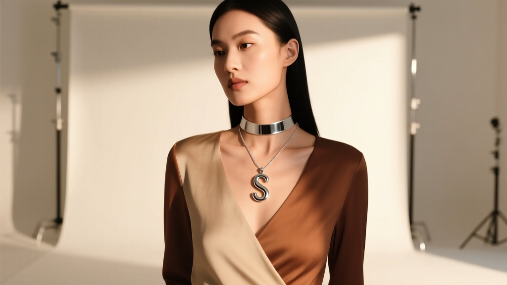 Model wearing a layered stack with a choker and 18-inch letter S pendant, paired with a V-neck top in warm directional lighting.