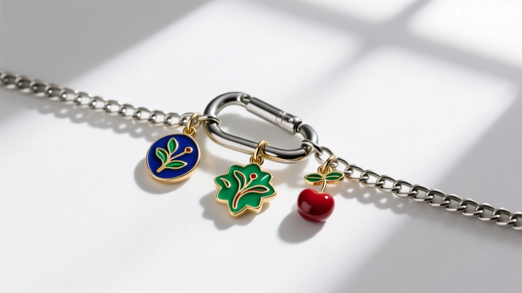 Overhead view of a 1.5mm stainless steel rolo chain with a secure locking carabiner clasp holding three heavy enamel charms.