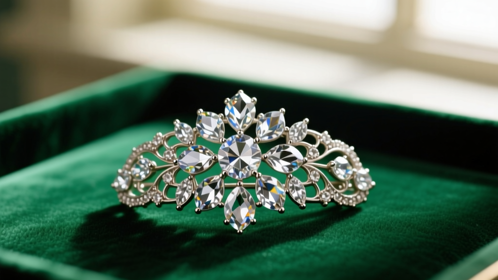 Macro shot of a 1940s Eisenberg Original crystal brooch with prong-set Swarovski stones on a rich emerald green velvet fabric mat.