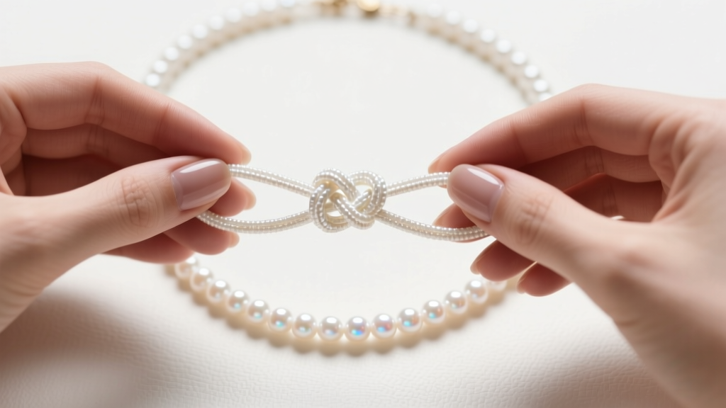 Overhead view of hands tying an asymmetric lariat knot using a long strand of 4mm white freshwater pearl wrapping necklace beads.
