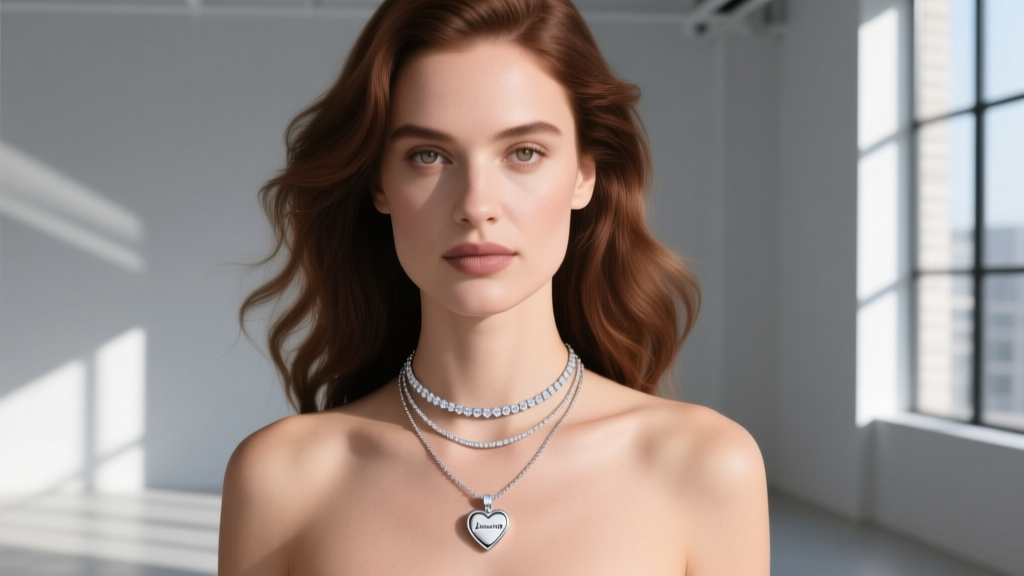 Woman wearing a layered stack with a 16-inch James Avery petite heart necklace and a delicate 14-inch diamond solitaire choker.