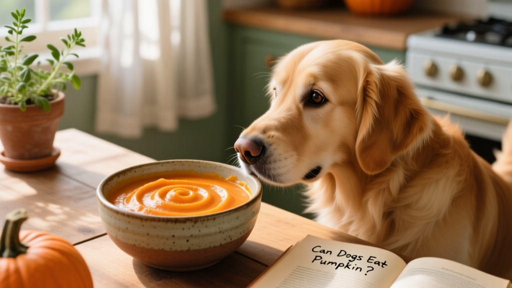 A bowl of plain, orange pumpkin puree next to a happy dog looking curiously at it