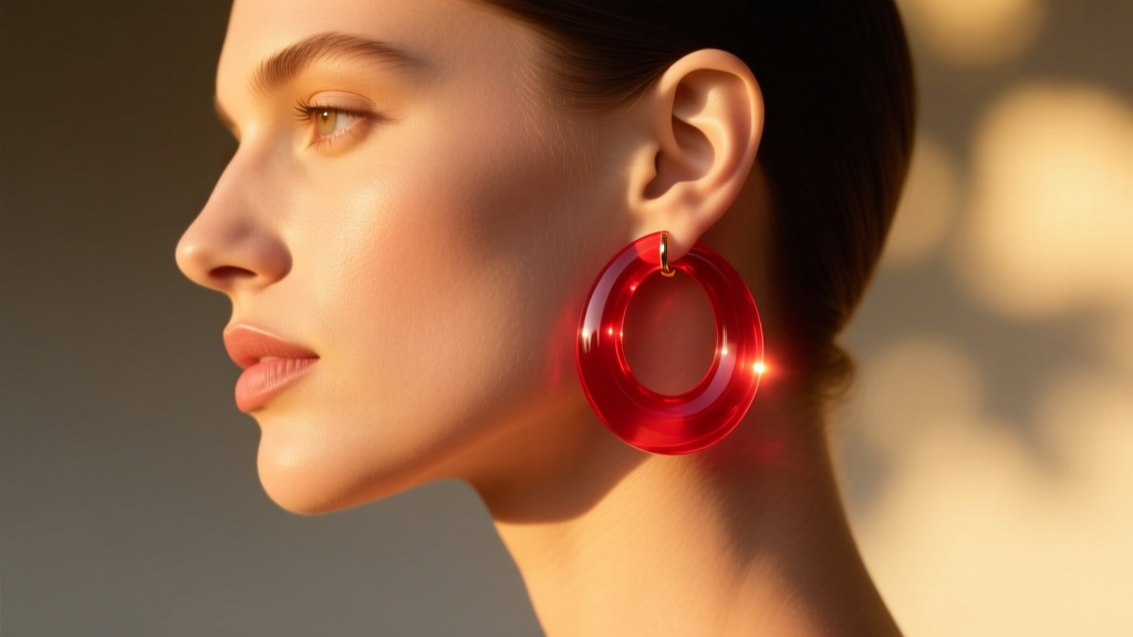 Side profile of model wearing lightweight translucent cherry-red acrylic hoop earrings against warm golden hour light.