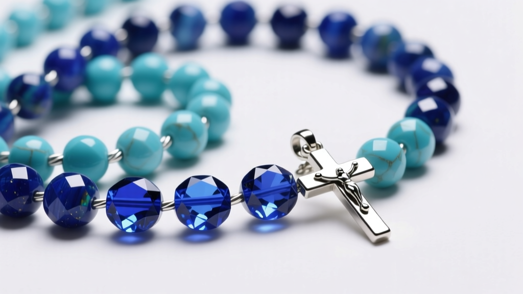 Macro close-up of faceted lapis lazuli and turquoise gemstone beads strung on steel wire next to a silver crucifix pendant