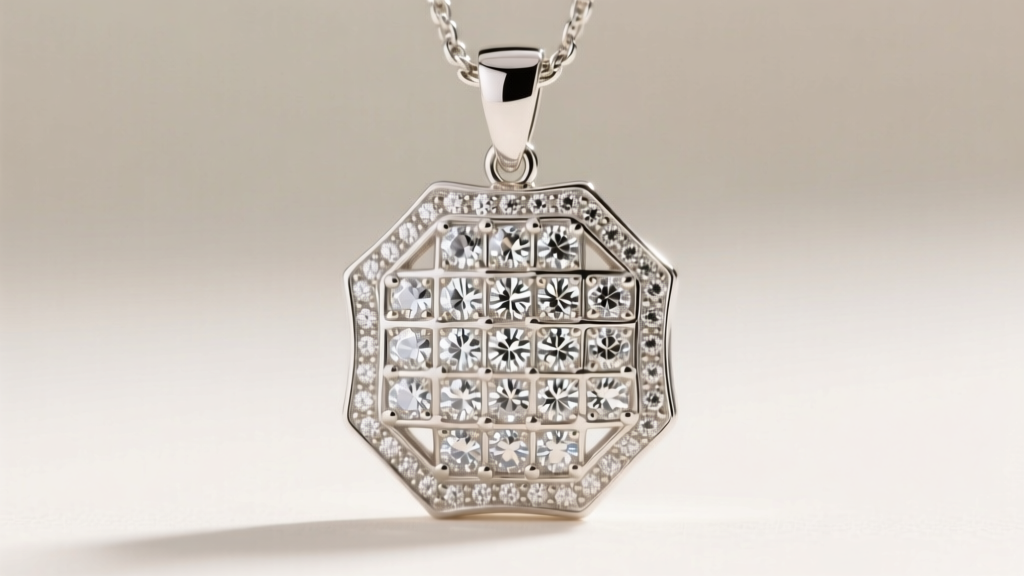Macro shot of a silver home plate pendant with pavé lab diamonds, showing intricate prong work and bright rhodium plating finish