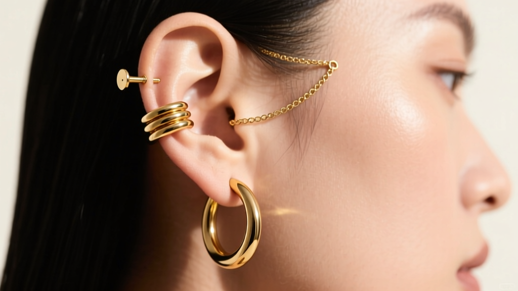Side profile of an ear stack featuring a 14k gold rook hoop, tragus threadless stud, and a delicate chain connecting lobe to helix