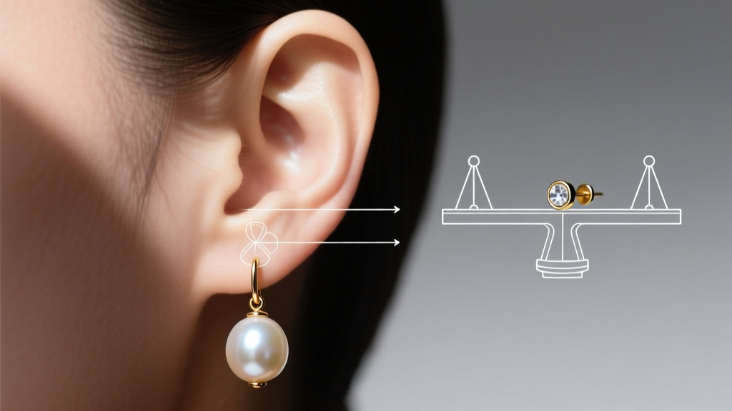 Diagram showing center of gravity and lever mechanics of a heavy pearl drop earring versus a balanced bezel stud on an earlobe.