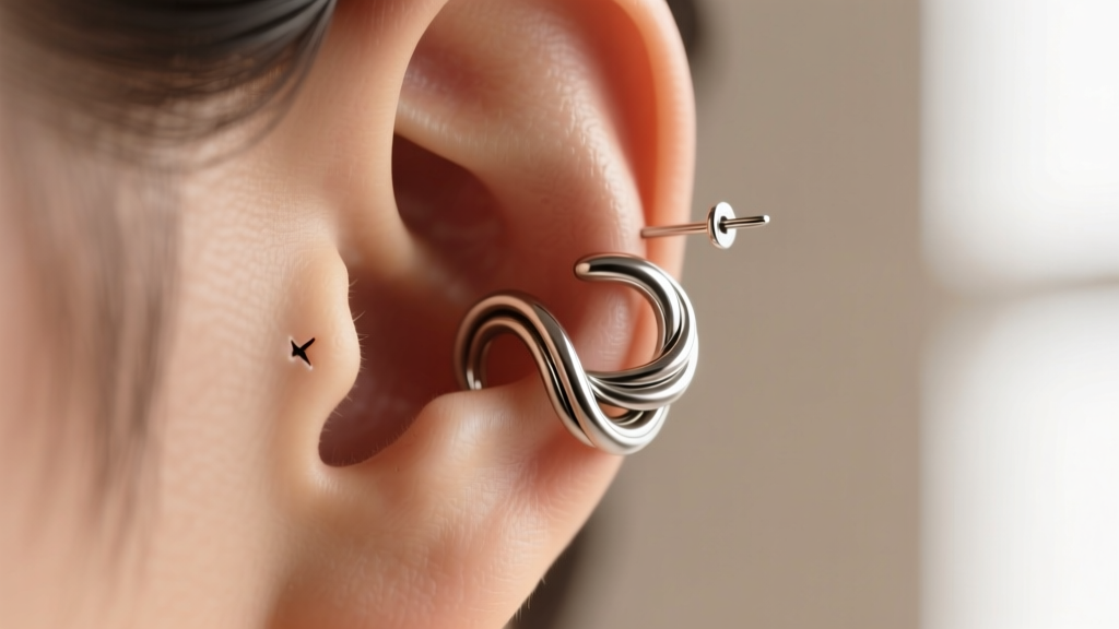 Macro photography of a titanium flat-back squiggle earring in a healed helix piercing, showing the undulating wire shape.