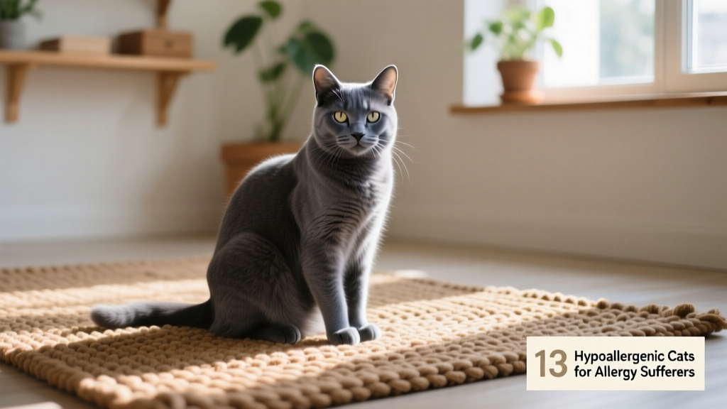 Russian Blue cat sitting calmly on a woven rug, displaying its dense, silvery double coat and calm demeanor