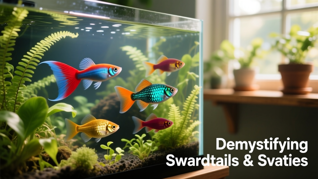 Aquarium scene showing vibrant hybrid swordtails and platies swimming together in a well-planted freshwater tank