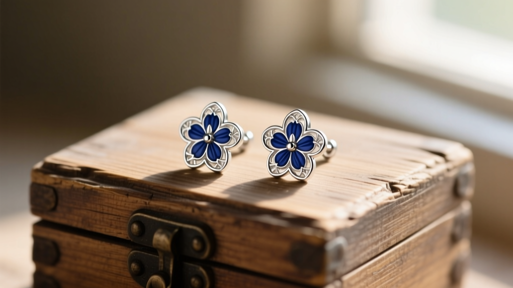 Sterling silver James Avery Texas Bluebonnet stud earrings resting on a weathered wooden box under soft natural window lighting
