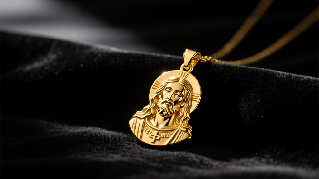 Polished 14k gold vermeil Jesus Malverde pendant resting on dark velvet, moody lighting highlighting the intricate facial relief