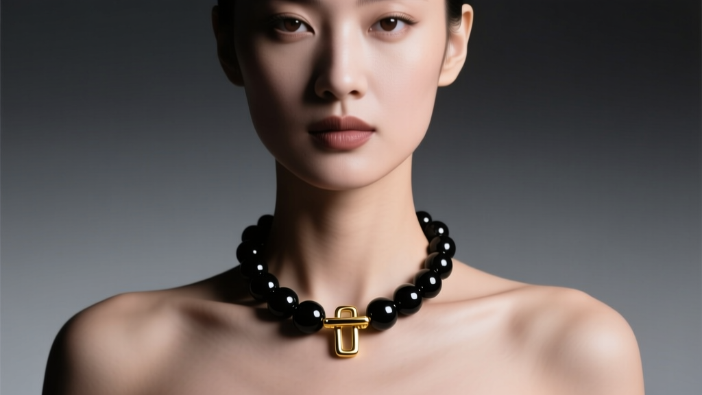 Elegant woman wearing a 14mm polished black onyx bead necklace with a gold toggle clasp, photographed in moody studio lighting.