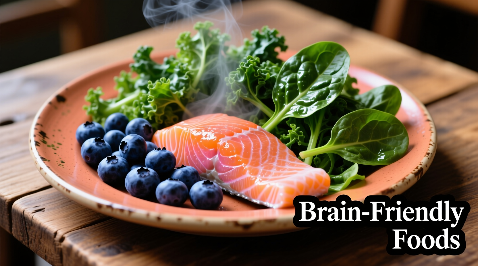Colorful plate of memory-boosting foods including blueberries, salmon, and leafy greens