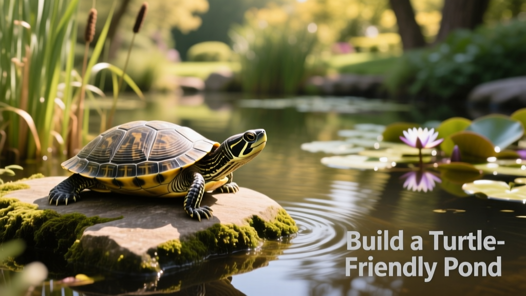 Close-up of a turtle basking on a flat rock beside a pond with aquatic plants