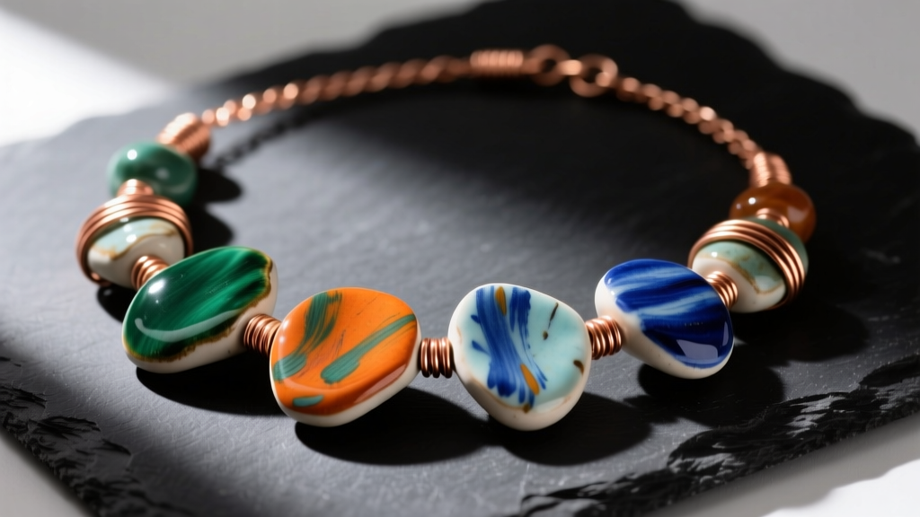 Close-up of a mixed-media necklace with hand-painted ceramic beads and copper wire wrapping, laid flat on a dark slate surface.