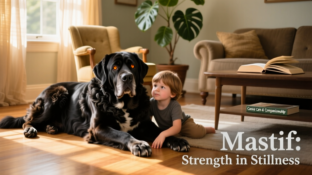 A mastiff resting beside a child on a sunlit living room floor, illustrating trust and gentle presence