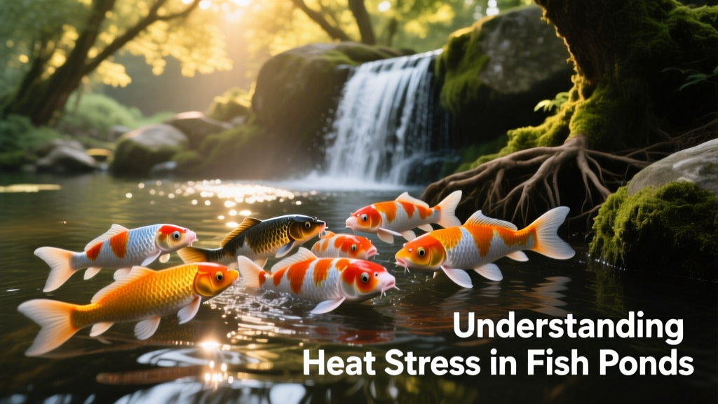 Koi fish gathered near a waterfall in a shaded pond